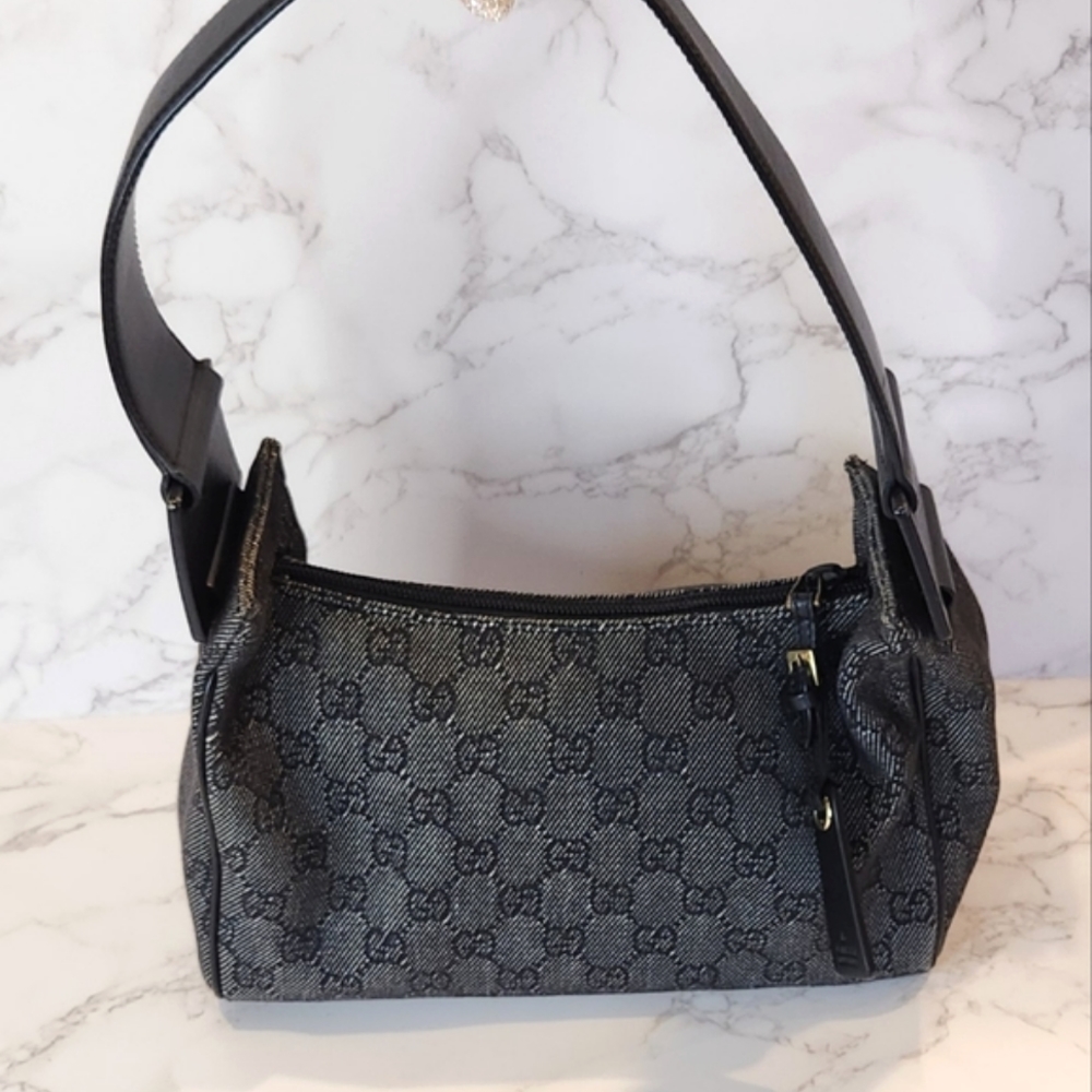 GUCCI Gray/ Black Denim GG Web Monogram Shoulder Bag